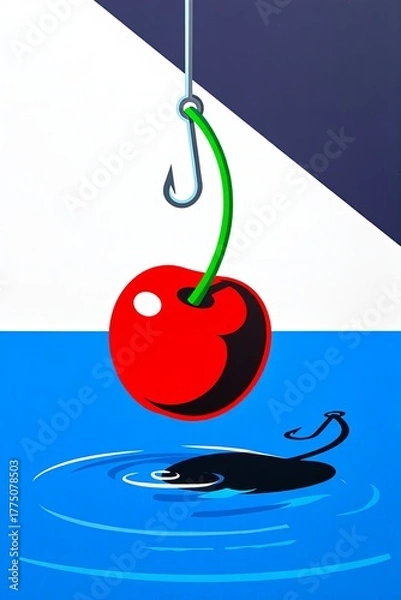 Fototapeta A digital illustration of a glossy red cherry hanging from a fishing hook against a blue and white background