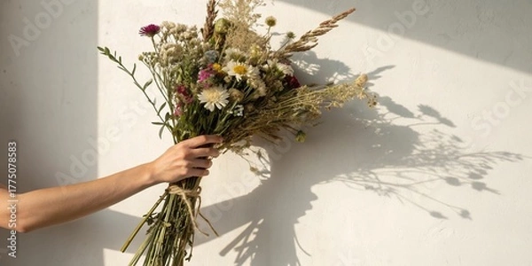 Fototapeta A person's hand holding a rustic bouquet of dried wildflowers casting a hard shadow on a white surface