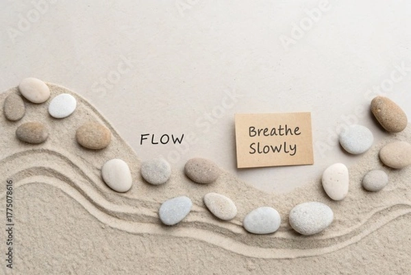 Fototapeta Minimal Pebbles Arranged in a Wave Shape on a Sand Surface