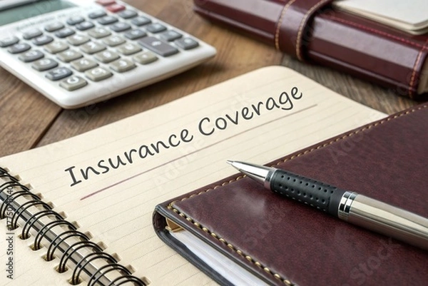 Fototapeta Notebook labeled Insurance Coverage on desk with pen and calculator