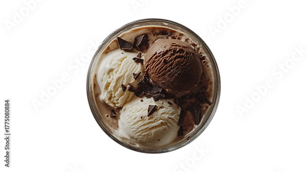 Fototapeta Overhead shot of a double affogato with two scoops of vanilla and chocolate ice cream in a glass