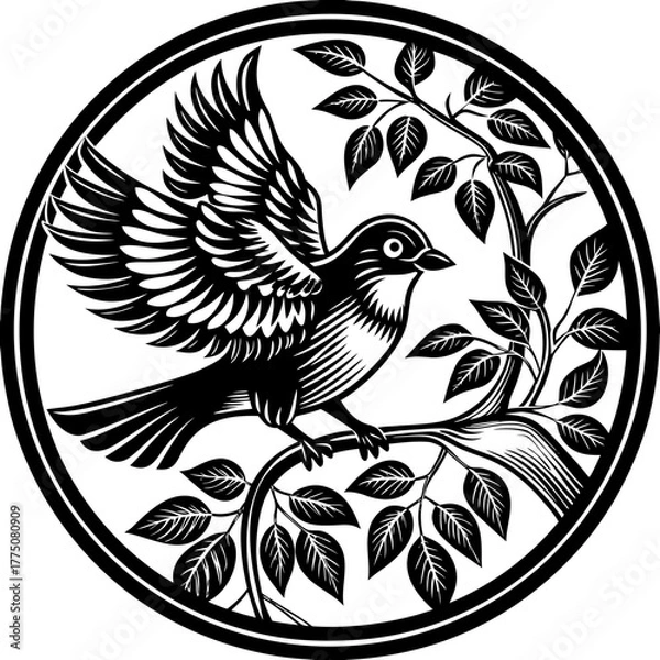 Fototapeta A bird perched on a branch with leaves in a circular frame