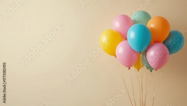 Fototapeta Colorful balloons floating gently against a soft beige background, creating a cheerful and minimal composition perfect for celebration themes