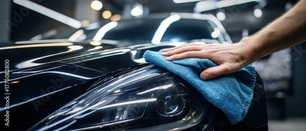 Fototapeta The car headlight being cleaned with a blue microfiber cloth in a glossy garage