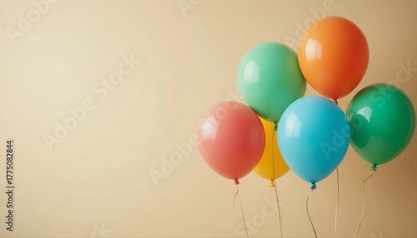 Fototapeta Colorful balloons floating gently against a soft beige background, creating a cheerful and minimal composition perfect for celebration themes