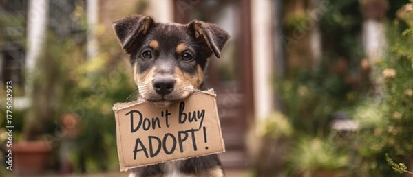 Fototapeta The Puppy Holding a Cardboard Sign That Says Don't Buy Adopt in Garden