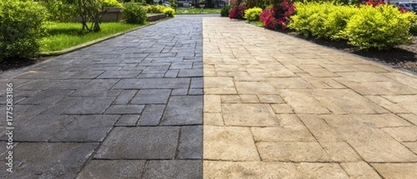 Fototapeta The Driveway Showing a Dramatic Clean and Dirty Paver Contrast in a Garden