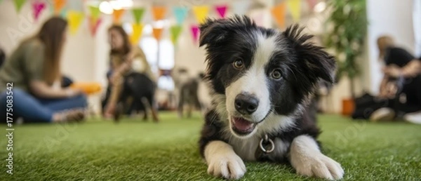 Fototapeta The Puppy Relaxing on Artificial Grass at an Indoor Playful Pet Party