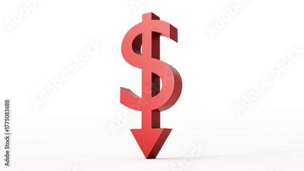 Fototapeta Red dollar sign pointing down with arrow, concept of financial loss, market decline and recession, 3d render