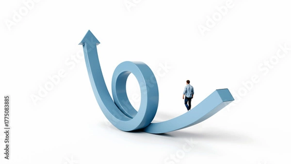 Fototapeta Man walking on a straight path with a full loop and arrow pointing upward at the end, concept of persistence, 3d render