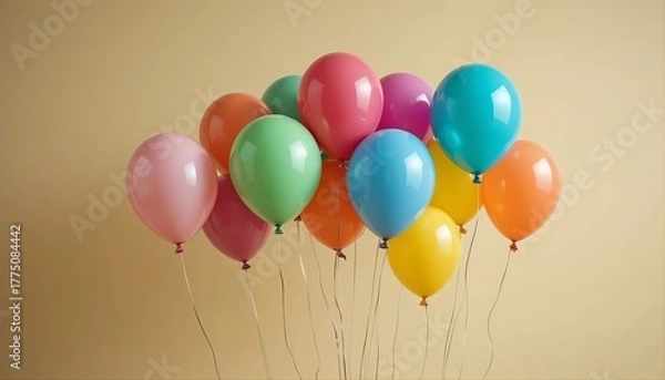 Fototapeta Colorful balloons floating gently against a soft beige background, creating a cheerful and minimal composition perfect for celebration themes