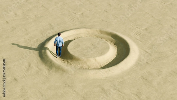 Fototapeta Man walking endlessly in a deep circular path carved into the sand, concept of burnout, routine and time loop, 3d render
