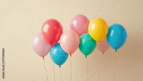 Fototapeta Colorful balloons floating gently against a soft beige background, creating a cheerful and minimal composition perfect for celebration themes