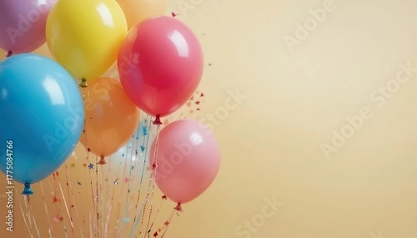 Fototapeta Colorful balloons floating gently against a soft beige background, creating a cheerful and minimal composition perfect for celebration themes