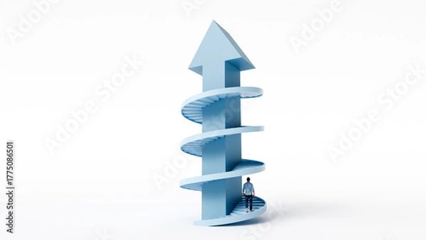 Fototapeta Man going up the spiral stairs around a large upward arrow, concept of personal growth and ambition, 3d render