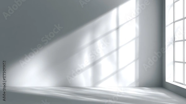 Fototapeta Empty gray room interior with sunlit wall from window creating shadow patterns