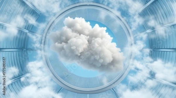 Obraz Fluffy White Cloud Against Blue Sky Seen Through Circular Window Frame Creating an Illusion of Tunnel With Dreamy Effect and Clean Environment