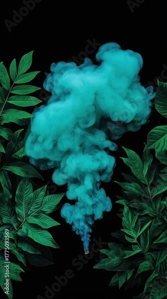Obraz Dramatic Teal Smoke Plume Framed by Lush Green Leaves on Black Background Creates an Abstract Composition for Modern Design Projects