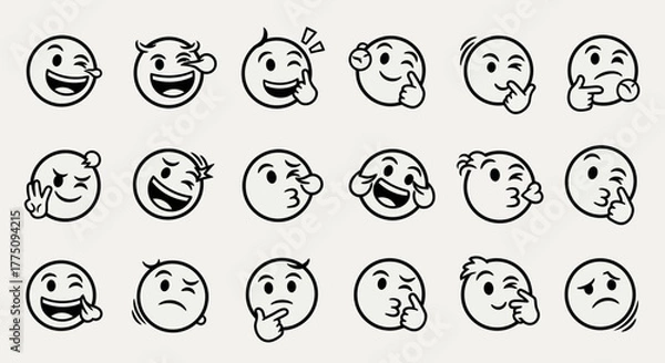 Fototapeta A collection of twenty hand-drawn emoji faces with various expressions, all in black and white line art.