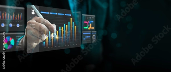 Fototapeta Financial data visualization with digital charts and analytics dashboard, showing business growth, performance metrics, and innovation, representing financial analysis, big data, business intelligence