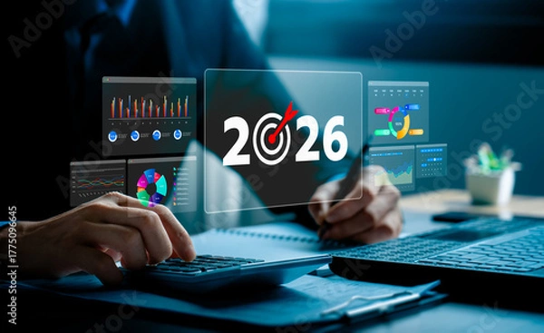 Fototapeta Business target and financial planning concept for 2026 with businessman analyzing digital charts and analytics dashboard to achieve growth goals, strategic success, and future performance