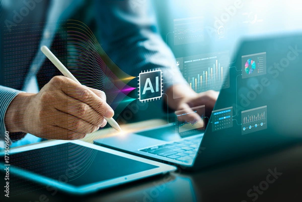 Fototapeta Artificial intelligence data visualization with person using tablet and digital pen, showing AI chip, analytics dashboard, and futuristic charts representing machine learning, big data, and innovation