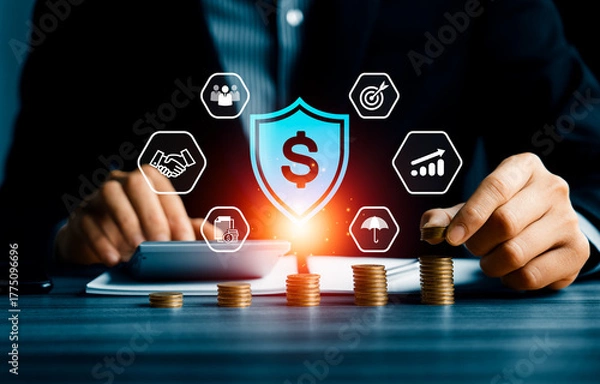 Fototapeta Shielding from financial risk and protecting investment concept with businessman stacking coins and digital shield icon, symbolizing financial security, wealth protection, and economic stability