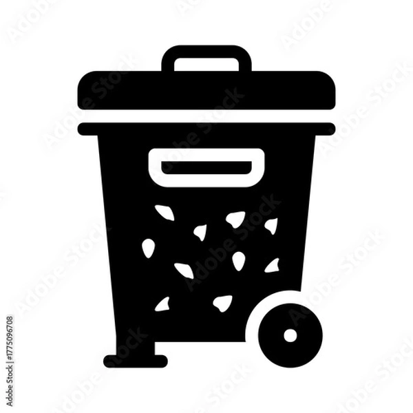 Fototapeta Black lined filled trash can with lid and one wheel. Perfect for waste management, cleanliness concepts, environmental themes, and recycling campaigns.
