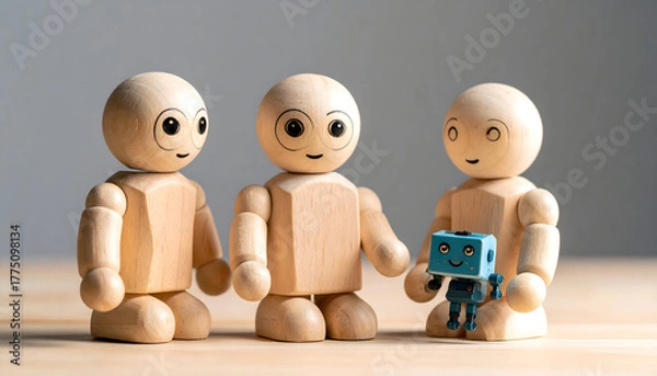 Fototapeta Three wooden figures with a small robot, depicting concepts of technology, friendship, and companionship