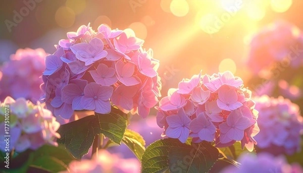 Fototapeta Sunlit hydrangeas bloom in soft pink and purple hues, glowing warmly in tranquil morning light.