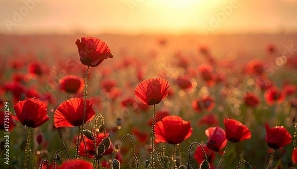 Fototapeta Golden sunlight floods a vibrant poppy field, casting warmth and serenity across blooming red petals.