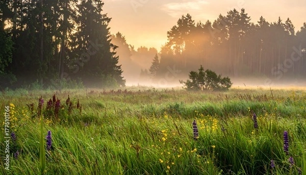 Obraz Misty meadow glows with wildflowers at dawn, framed by soft light and shadowed trees.