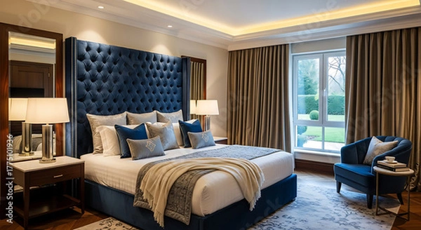 Fototapeta Luxurious hotel bedroom with a plush blue tufted velvet headboard, elegant lighting, a cozy armchair, and large window overlooking a serene garden