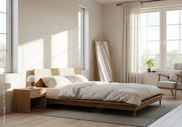 Fototapeta Minimalist scandinavian bedroom interior with comfortable bed, wooden nightstand, large windows, natural light, soft sheer curtains, and a full-length mirror.
