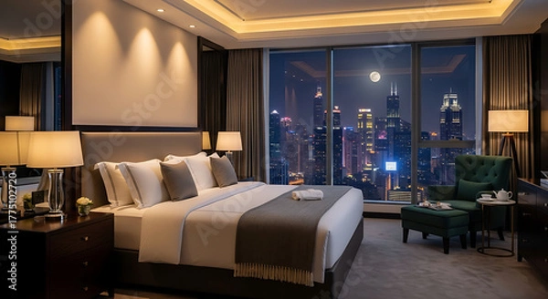 Fototapeta Luxurious hotel bedroom with a comfortable king-size bed, elegant furnishings, and a stunning panoramic city skyline view at night, full moon glowing.