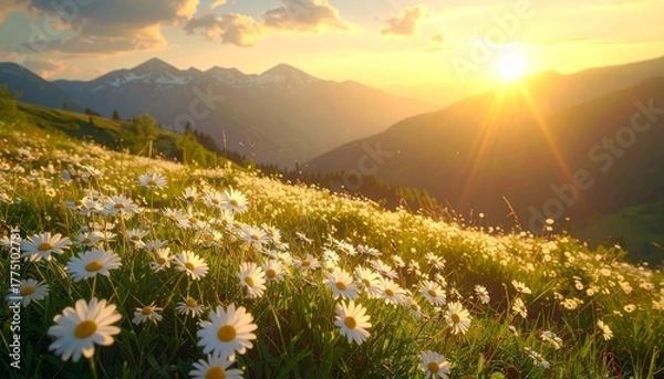 Fototapeta Sunset bathes a daisy-filled mountain meadow in golden light beneath snow-capped peaks and glowing sky.