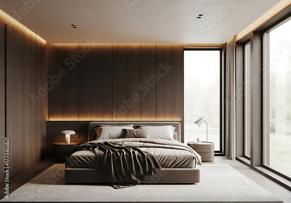 Fototapeta Modern luxury bedroom interior featuring dark wood paneling, warm ambient lighting, comfortable king-size bed, stylish nightstands and large windows.