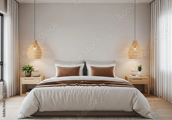 Fototapeta Modern minimalist bedroom interior design with comfortable bed, two natural woven pendant lamps, wooden nightstands, and a calming neutral color scheme