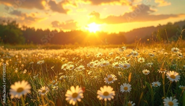 Fototapeta Golden sunlight bathes a daisy field, casting long shadows and painting the sky in warm hues.