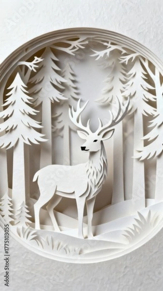 Fototapeta Serene woodland scene featuring a majestic paper-cut stag amidst frosted trees
