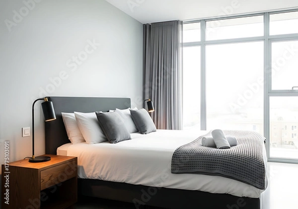 Fototapeta Contemporary bedroom interior featuring a comfortable bed with grey pillows and throw, modern black lamp on a wooden nightstand, and a large bright window view.