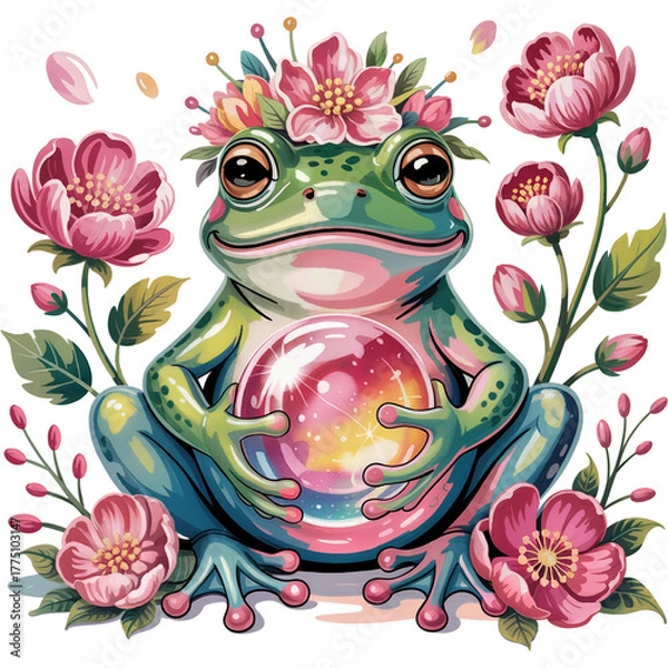 Fototapeta Enchanted Garden Guardian - funny frog clipart design, Cute Amphibian animal, Entertaining Frog illustration, Happy Frog design sublimation
