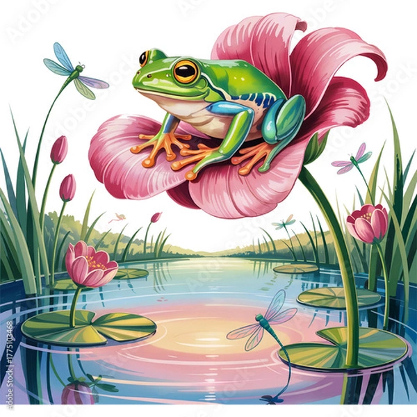 Fototapeta Water Lily Swing Frog - funny frog clipart design, Cute Amphibian animal, Entertaining Frog illustration, Happy Frog design sublimation
