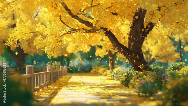 Fototapeta Golden Autumn Pathway with Tree Canopy