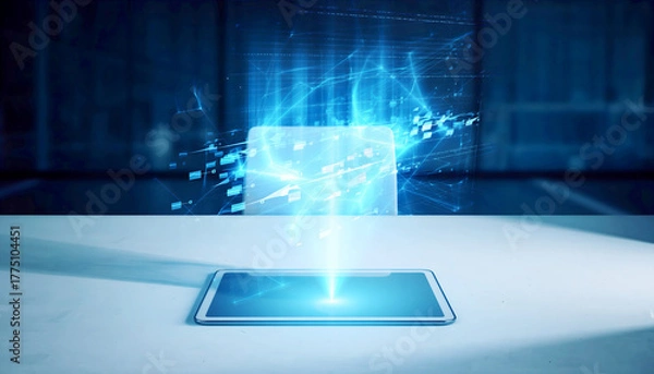 Fototapeta Futuristic holographic interface projected above tablet on clean desk, glowing blue light, cyber innovation theme.