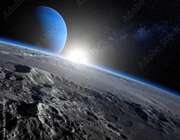 Obraz Distant blue planet rising over a cratered, grey moon