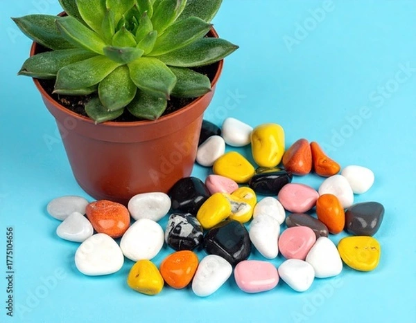 Fototapeta Succulent in pot with colorful stones on a blue surface