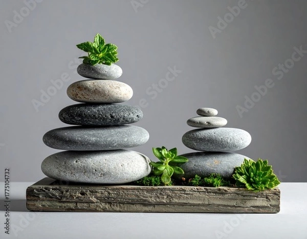 Fototapeta Stacked stones with green leaves, minimalist calming zen