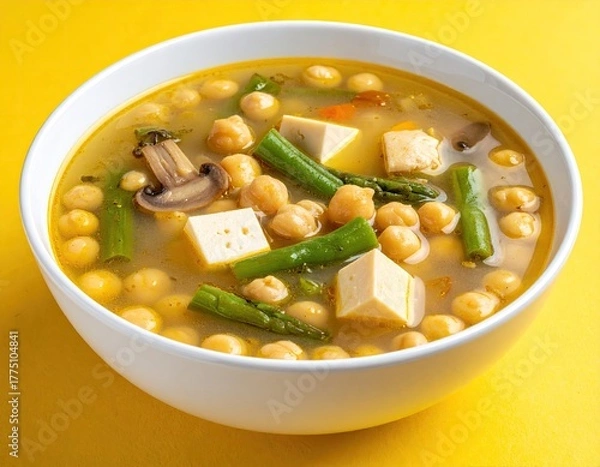 Fototapeta Chickpea, tofu, and asparagus soup in a white bowl