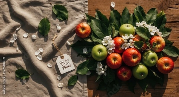 Fototapeta Apples Displayed with Leaves Blossoms and a Tag with a Positive Message